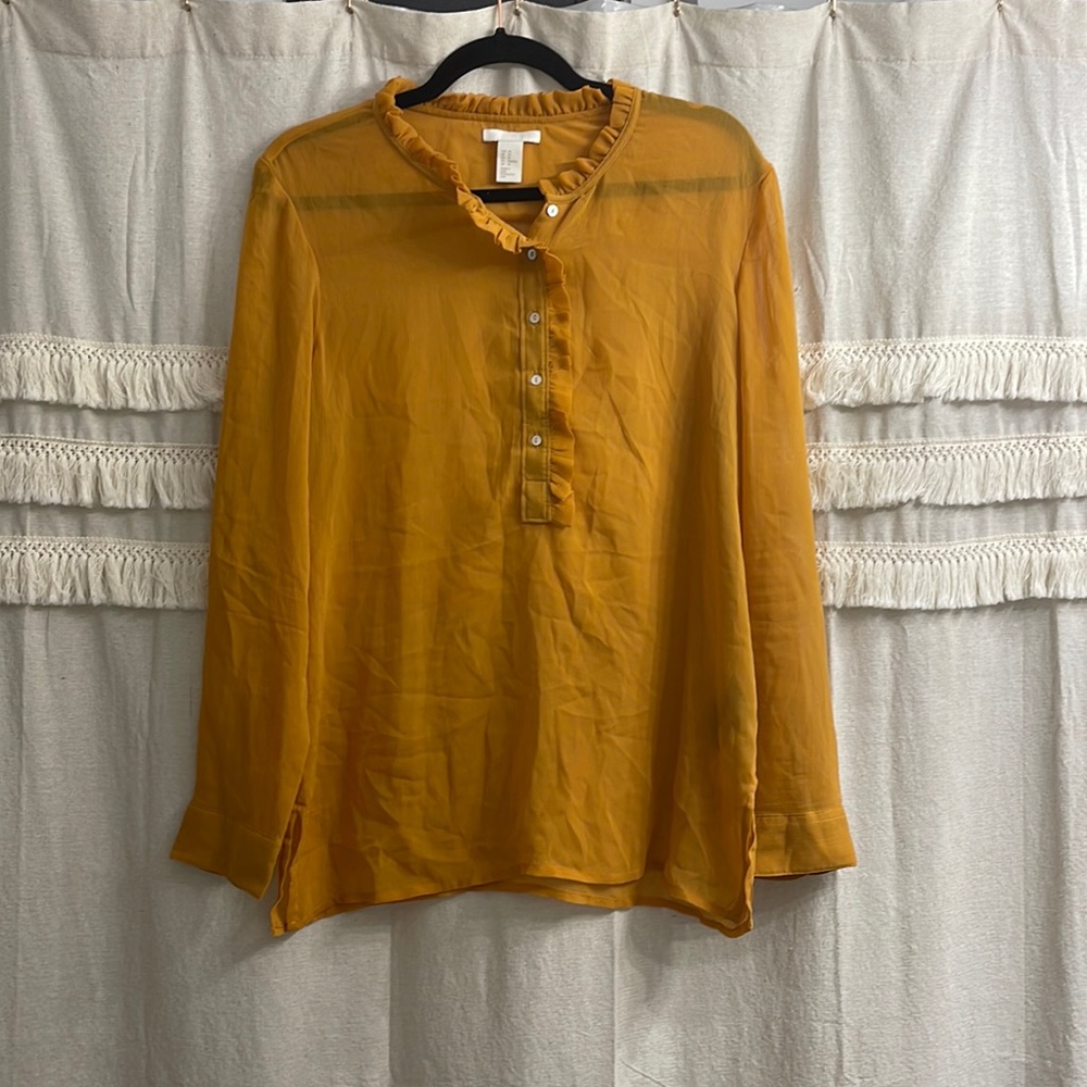 H&M mustard yellow blouse, long sleeves, ruffle details, size 10